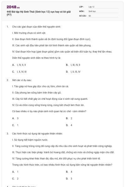 440 Bài tập Hệ Sinh Thái (Sinh học 12) cực hay có lời giải (P7)