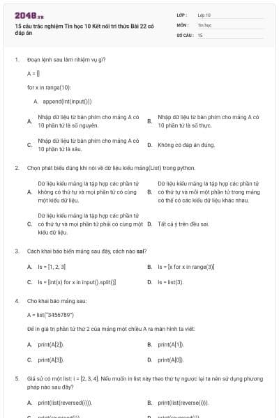 15 câu trắc nghiệm Tin học 10 Kết nối tri thức Bài 22 có đáp án