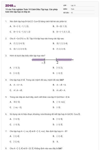 15 câu Trắc nghiệm Toán 10 Cánh Diều Tập hợp. Các phép toán trên tập hợp có đáp án