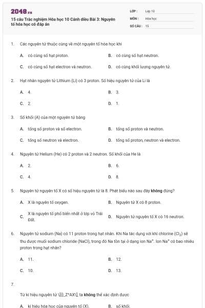 15 câu Trắc nghiệm Hóa học 10 Cánh diều Bài 3: Nguyên tố hóa học có đáp án