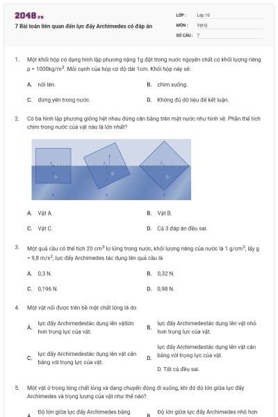 7 Bài toán liên quan đến lực đẩy Archimedes có đáp án