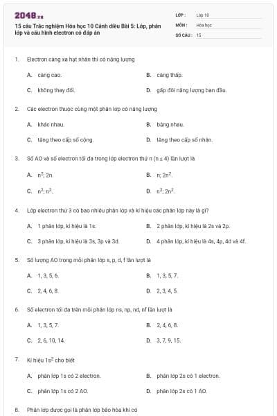 15 câu Trắc nghiệm Hóa học 10 Cánh diều Bài 5: Lớp, phân lớp và cấu hình electron có đáp án