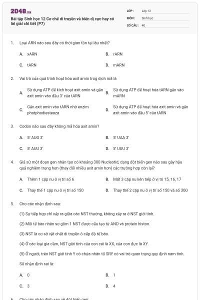 Bài tập Sinh học 12 Cơ chế di truyền và biến dị cực hay có lời giải chi tiết (P7)