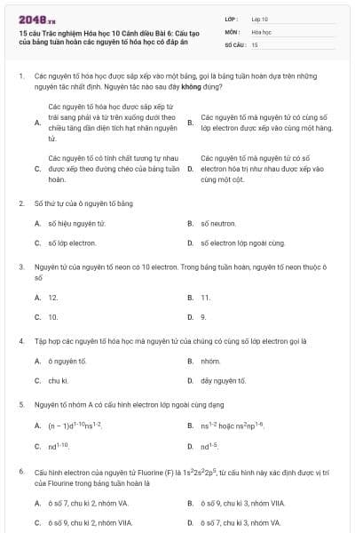 15 câu  Trắc nghiệm Hóa học 10 Cánh diều Bài 6: Cấu tạo của bảng tuần hoàn các nguyên tố hóa học có đáp án