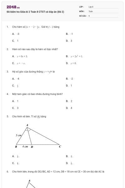 Đề kiểm tra Giữa kì 2 Toán 8 CTST có đáp án (Đề 2)