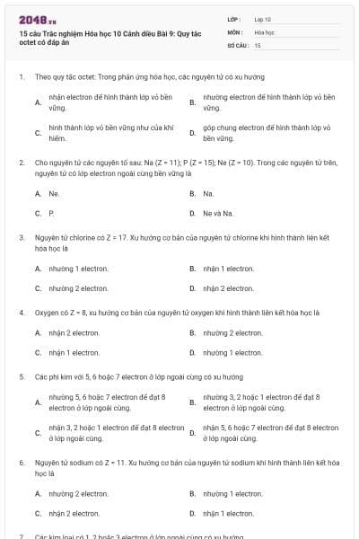 15 câu Trắc nghiệm Hóa học 10 Cánh diều Bài 9: Quy tắc octet có đáp án