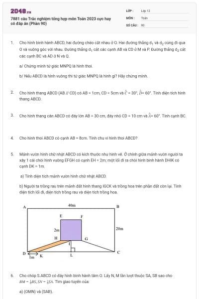 7881 câu  Trắc nghiệm tổng hợp môn Toán 2023 cực hay có đáp án (Phần 90)