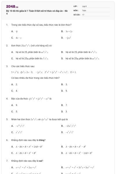 Bộ 10 đề thi giữa kì 1 Toán 8 Kết nối tri thức có đáp án - Đề 4