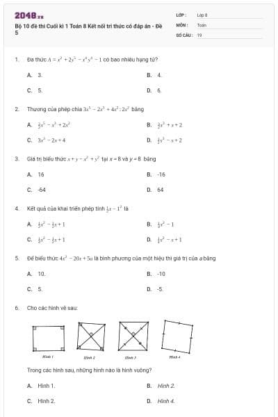 Bộ 10 đề thi Cuối kì 1 Toán 8 Kết nối tri thức có đáp án - Đề 5