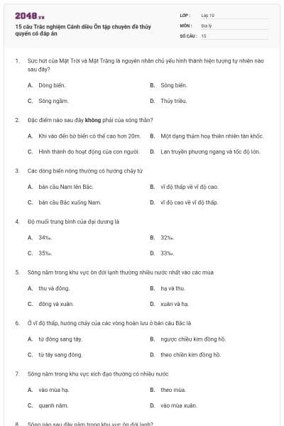 15 câu Trắc nghiệm Cánh diều Ôn tập chuyên đề thủy quyển có đáp án