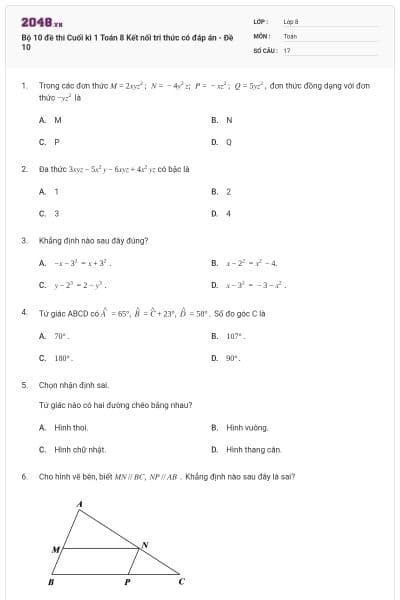 Bộ 10 đề thi Cuối kì 1 Toán 8 Kết nối tri thức có đáp án - Đề 10