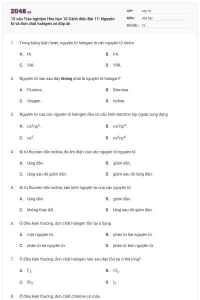 15 câu Trắc nghiệm Hóa học 10 Cánh diều Bài 17: Nguyên tố và đơn chất halogen có đáp án