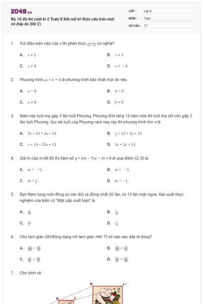 Bộ 10 đề thi cuối kì 2 Toán 8 Kết nối tri thức cấu trúc mới có đáp án (Đề 2)
