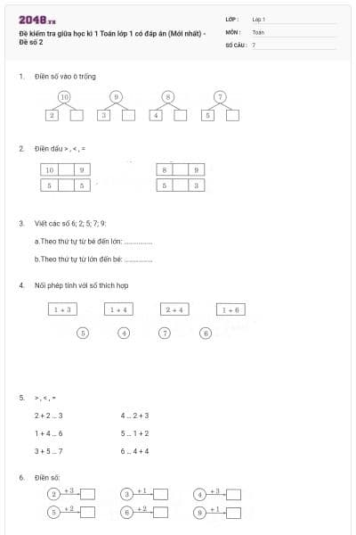 Đề kiểm tra giữa học kì 1 Toán lớp 1 có đáp án (Mới nhất) - Đề số 2
