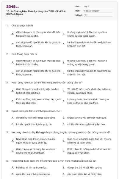 15 câu Trắc nghiệm Giáo dục công dân 7 Kết nối tri thức Bài 2 có đáp án