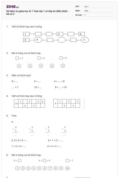 Đề kiểm tra giữa học kì 1 Toán lớp 1 có đáp án (Mới nhất) - Đề số 3