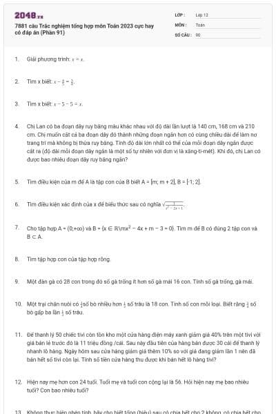 7881 câu  Trắc nghiệm tổng hợp môn Toán 2023 cực hay có đáp án (Phần 91)