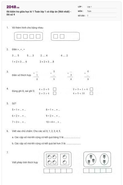 Đề kiểm tra giữa học kì 1 Toán lớp 1 có đáp án (Mới nhất) - Đề số 4