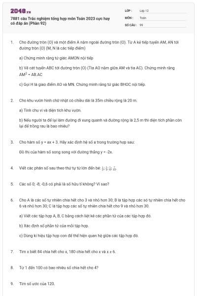 7881 câu  Trắc nghiệm tổng hợp môn Toán 2023 cực hay có đáp án (Phần 92)
