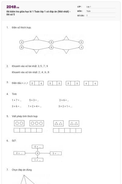 Đề kiểm tra giữa học kì 1 Toán lớp 1 có đáp án (Mới nhất) - Đề số 5