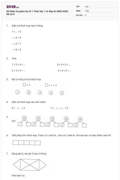 Đề kiểm tra giữa học kì 1 Toán lớp 1 có đáp án (Mới nhất) - Đề số 6