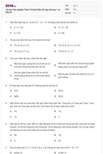 15 câu Trắc nghiệm Toán 10 Cánh Diều Ôn tập chương 1 có đáp án