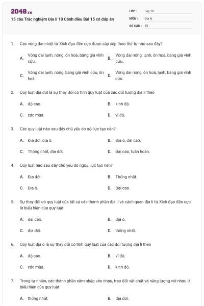 15 câu Trắc nghiệm Địa lí 10 Cánh diều Bài 15 có đáp án