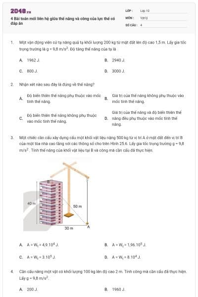 4 Bài toán mối liên hệ giữa thế năng và công của lực thế có đáp án