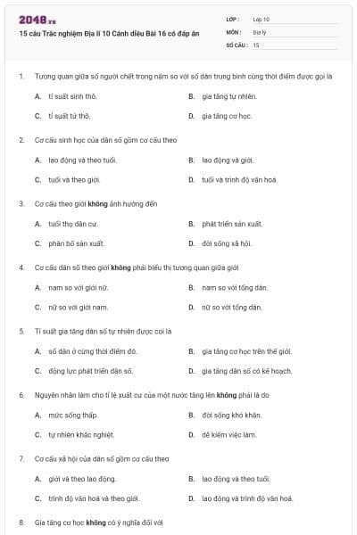 15 câu Trắc nghiệm Địa lí 10 Cánh diều Bài 16 có đáp án