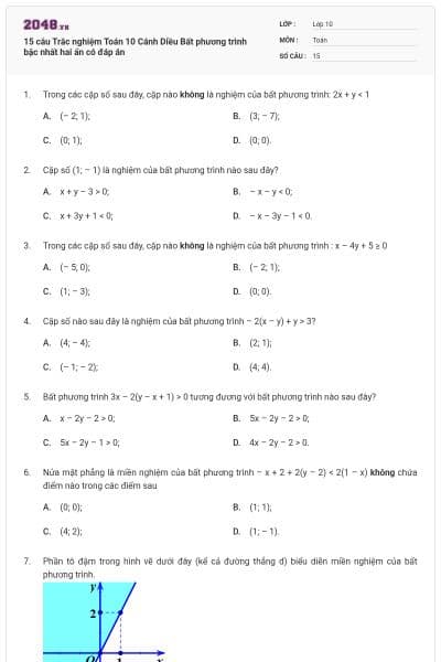 15 câu Trắc nghiệm Toán 10 Cánh Diều Bất phương trình bậc nhất hai ẩn có đáp án