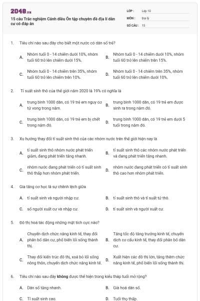 15 câu Trắc nghiệm Cánh diều Ôn tập chuyên đề địa lí dân cư có đáp án