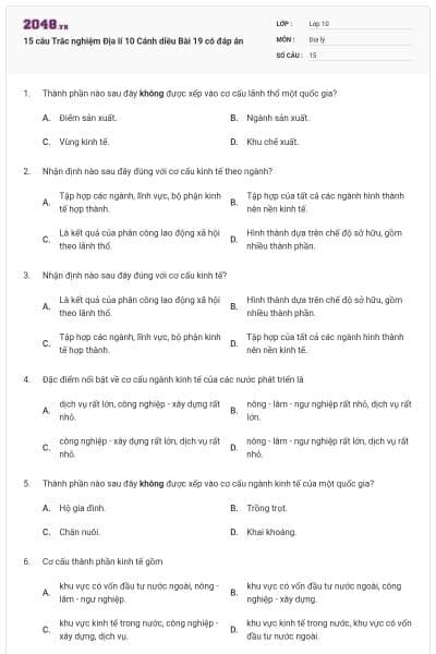 15 câu Trắc nghiệm Địa lí 10 Cánh diều Bài 19 có đáp án