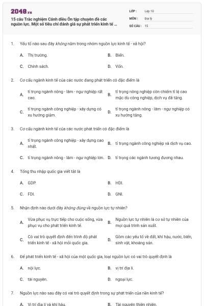 15 câu Trắc nghiệm Cánh diều Ôn tập chuyên đề các nguồn lực. Một số tiêu chí đánh giá sự phát triển kinh tế có đáp án