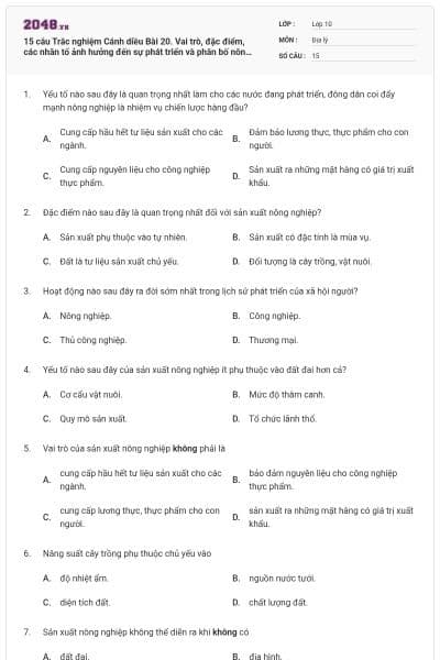 15 câu Trắc nghiệm Cánh diều Bài 20. Vai trò, đặc điểm, các nhân tố ảnh hưởng đến sự phát triển và phân bố nông nghiệp, lâm nghiệp, thủy sản có đáp án