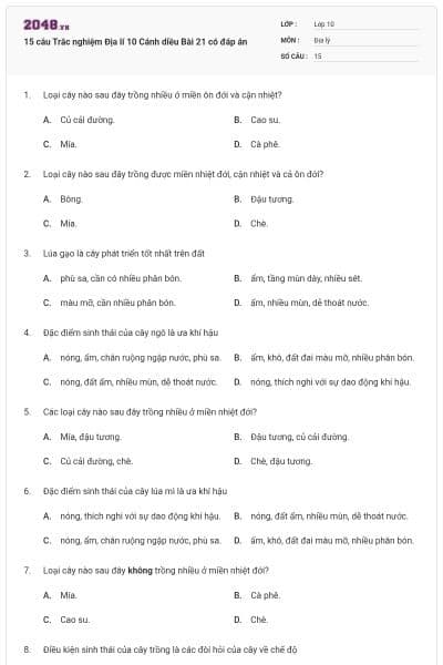 15 câu Trắc nghiệm Địa lí 10 Cánh diều Bài 21 có đáp án