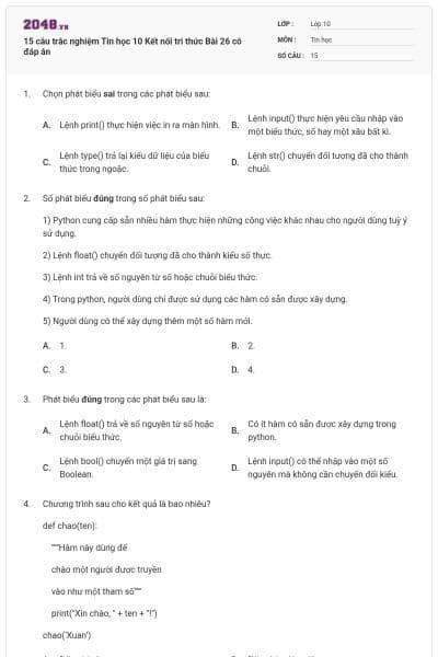 15 câu trắc nghiệm Tin học 10 Kết nối tri thức Bài 26 có đáp án