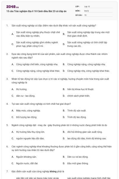 15 câu Trắc nghiệm Địa lí 10 Cánh diều Bài 23 có đáp án