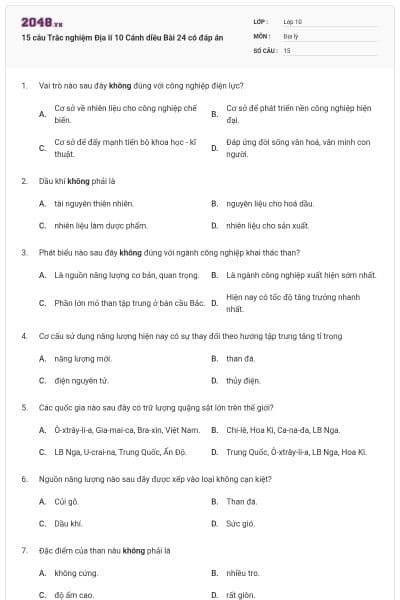 15 câu Trắc nghiệm Địa lí 10 Cánh diều Bài 24 có đáp án