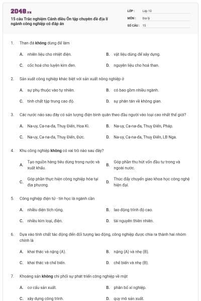 15 câu  Trắc nghiệm Cánh diều Ôn tập chuyên đề địa lí ngành công nghiệp có đáp án