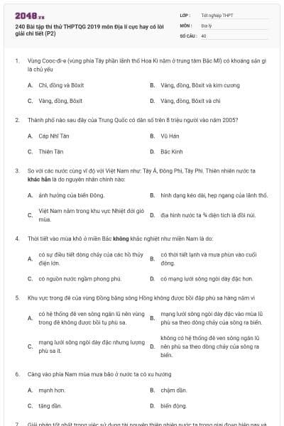 240 Bài tập thi thử THPTQG 2019 môn Địa lí cực hay có lời giải chi tiết (P2)