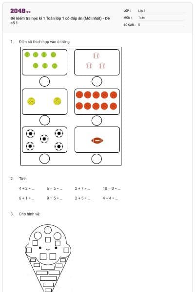 Đề kiểm tra học kì 1 Toán lớp 1 có đáp án (Mới nhất) - Đề số 1