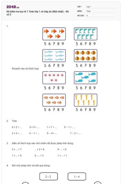 Đề kiểm tra học kì 1 Toán lớp 1 có đáp án (Mới nhất) - Đề số 2