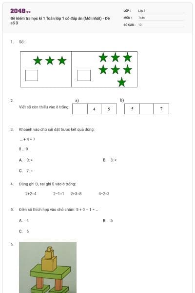 Đề kiểm tra học kì 1 Toán lớp 1 có đáp án (Mới nhất) - Đề số 3