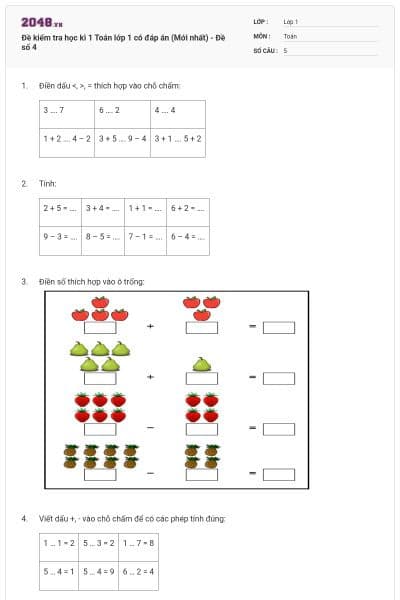 Đề kiểm tra học kì 1 Toán lớp 1 có đáp án (Mới nhất) - Đề số 4