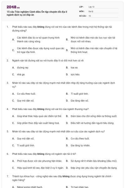15 câu Trắc nghiệm Cánh diều Ôn tập chuyên đề địa lí ngành dịch vụ có đáp án