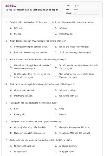 15 câu Trắc nghiệm Địa lí 10 Cánh diều Bài 29 có đáp án
