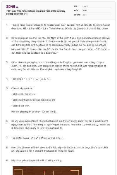 7881 câu  Trắc nghiệm tổng hợp môn Toán 2023 cực hay có đáp án (Phần 94)