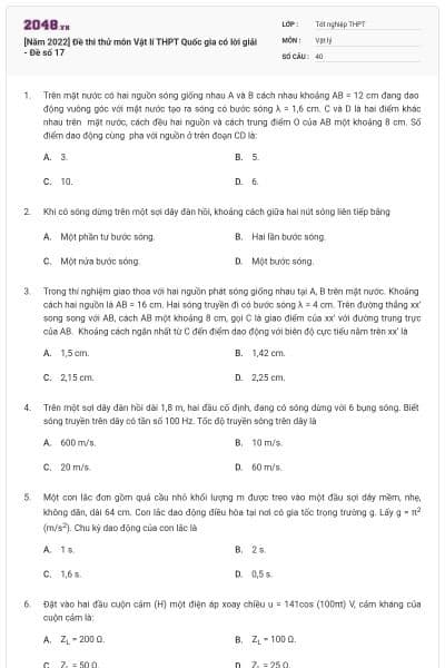 [Năm 2022] Đề thi thử môn Vật lí THPT Quốc gia có lời giải - Đề số 17