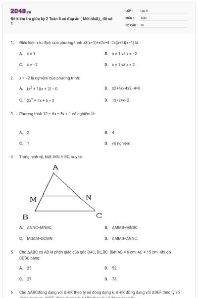 Đề kiểm tra giữa kỳ 2 Toán 8 có đáp án ( Mới nhất)_ đề số 1