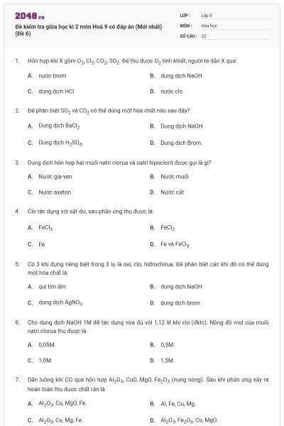 Đề kiểm tra giữa học kì 2 môn Hoá 9 có đáp án (Mới nhất) (Đề 6)